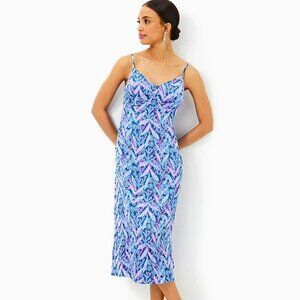Lilly Pulitzer Keana Satin Midi Slip Dress Size 6 Barton Blue Star Gazing NWOT
